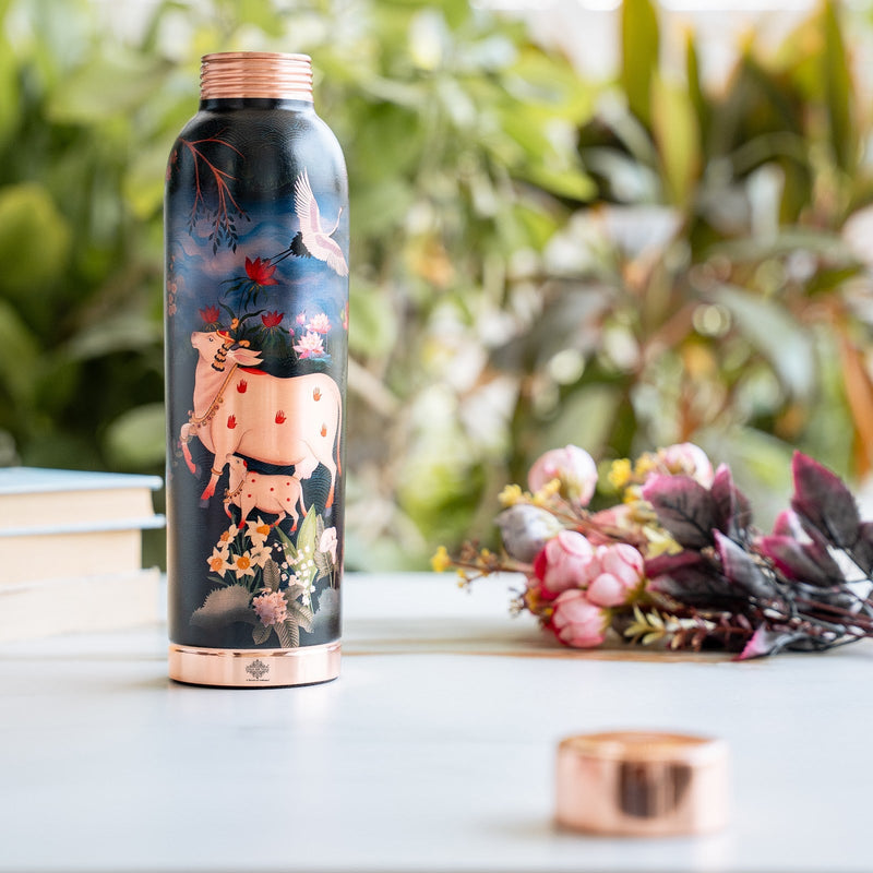 Copper Kalakriti Cow Art Printed Bottle - 940 ML