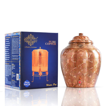 Pure Printed Paisely Design Copper Water Dispenser Pot Matka, Storage, Home Kitchen Garden