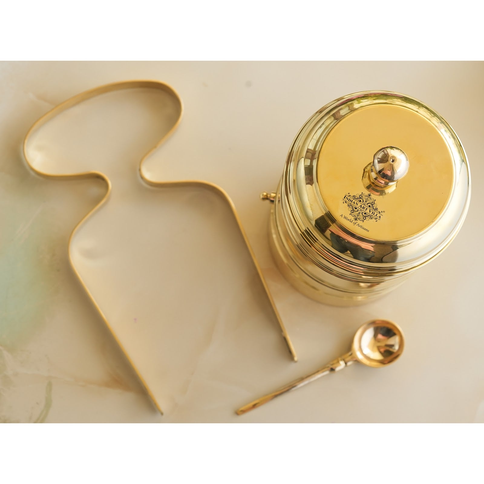 Brass Vintage Design Plain Tiffin with Tin Lining, Traditional Tiffin Box with Spoon, 3 Piece