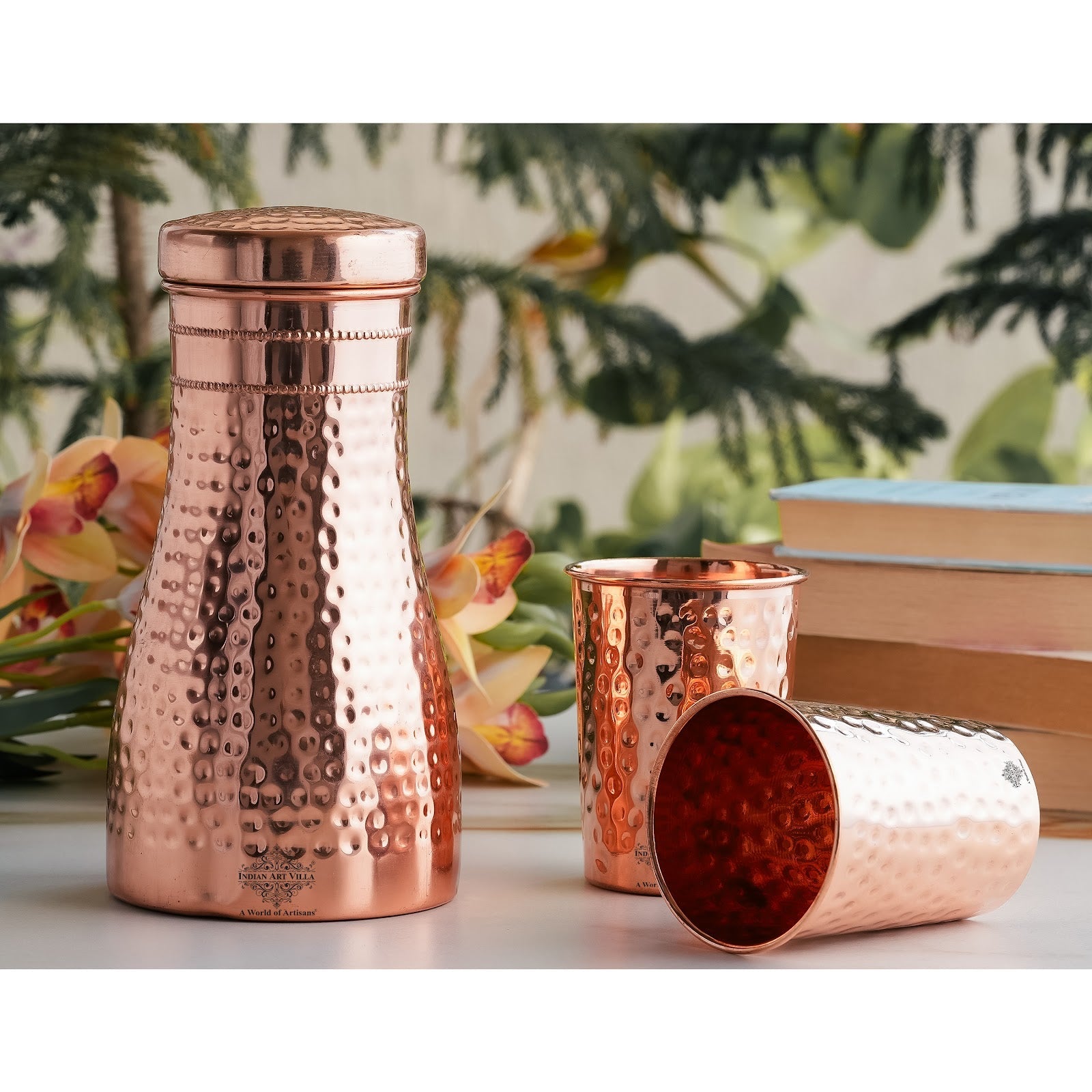 Pure Copper Drinkware Gift Set – Hammered Design, Water Bottle (900 ML) & 2 Glasses (275 ML) Set