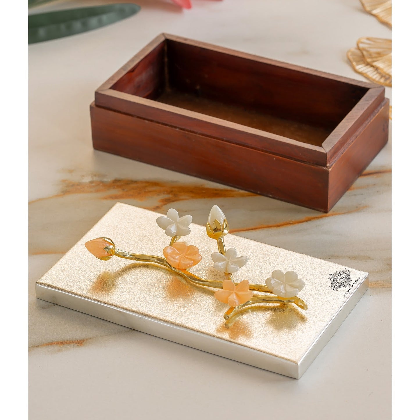 Wooden Decorative Box with Silver-Plated Leaf and Flower Design