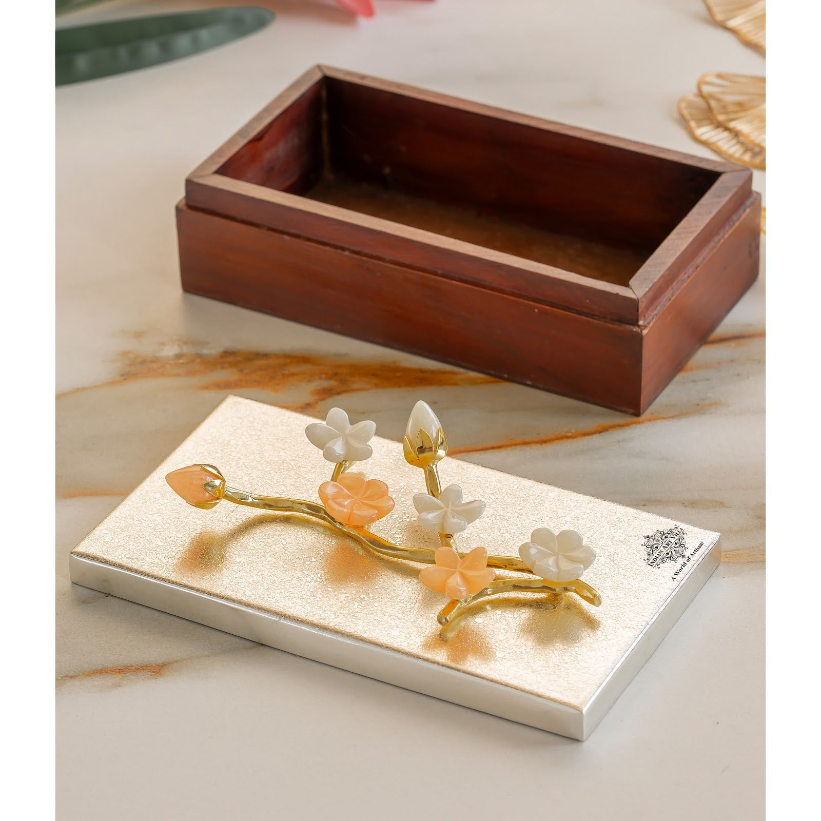 Wooden Decorative Box with Silver-Plated Leaf and Flower Design