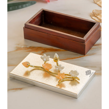 Wooden Decorative Box with Silver-Plated Leaf and Flower Design