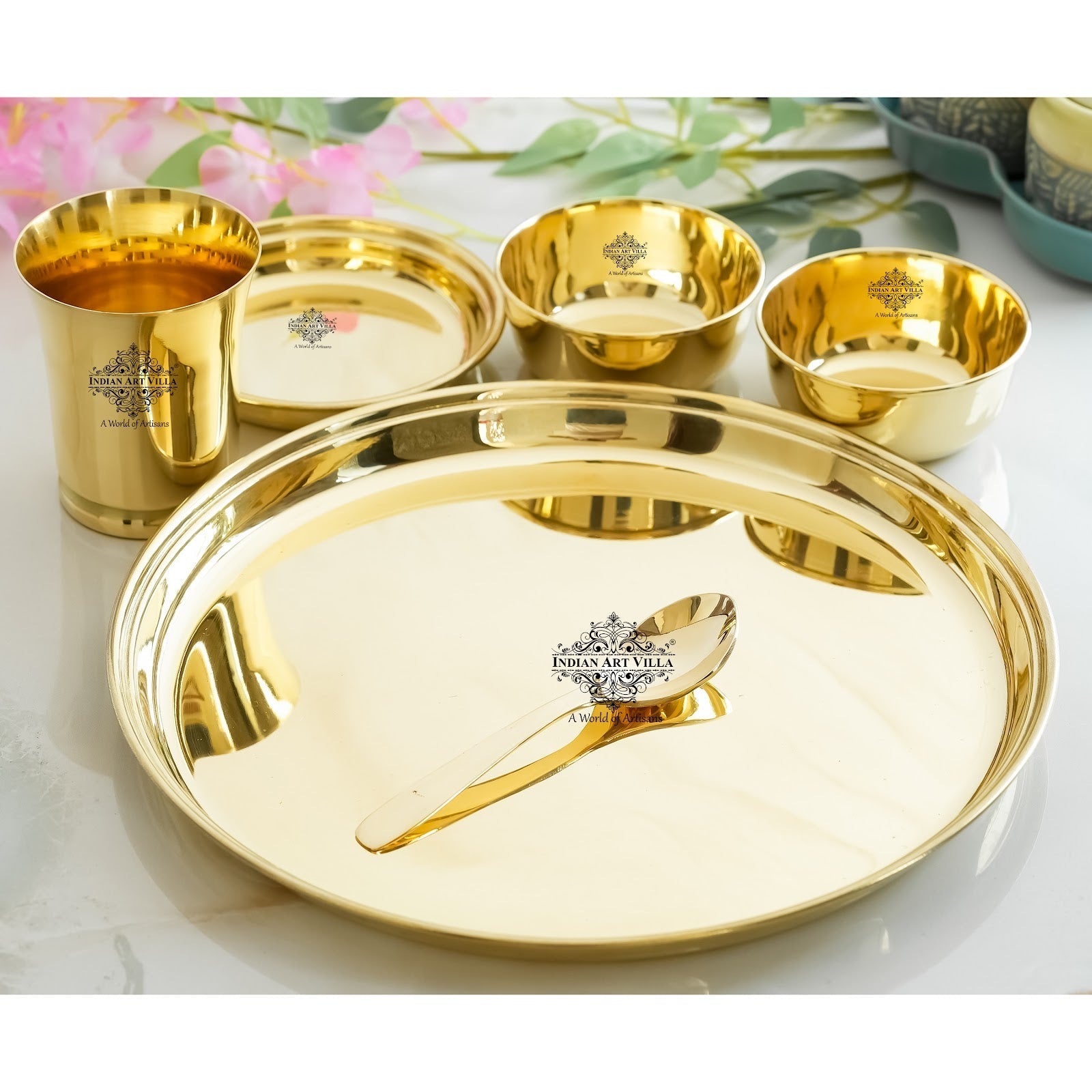 Pure Brass Matt Finish & Hammered 7 Pieces Dinner Set / Thali Set | DinnerWare |
