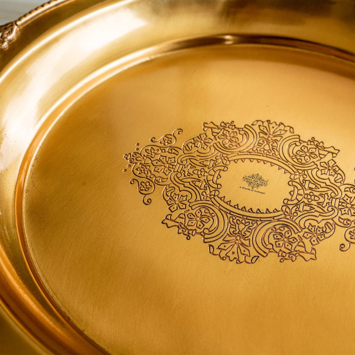 Pure Brass Round Tray with Rose Border For Home Décor