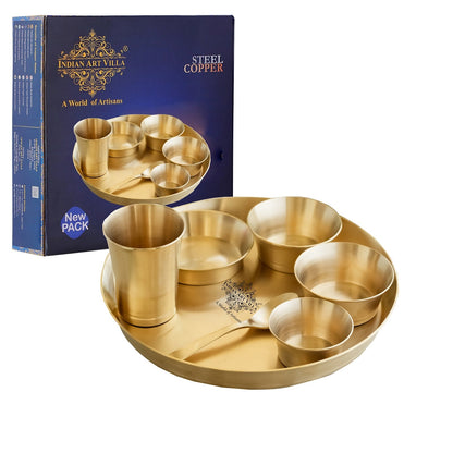 Pure Brass Matt Finish & Hammered 7 Pieces Dinner Set / Thali Set | DinnerWare |