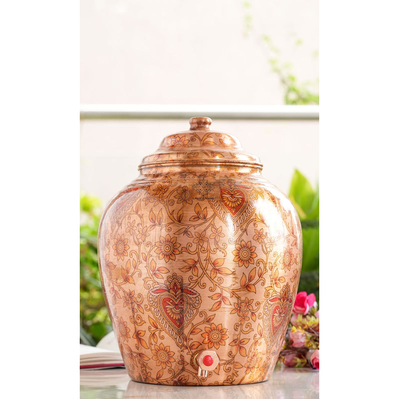 Printed Leaf Design Copper Water Dispenser Pot Matka, Storage, Home Kitchen Garden