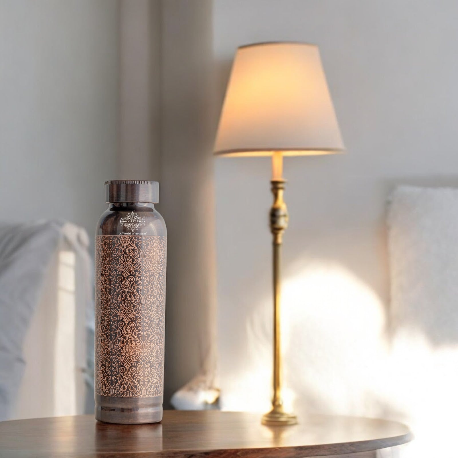 Pure Copper Drinkware Bottle with Antique Dark Embossed Design – 900 ML