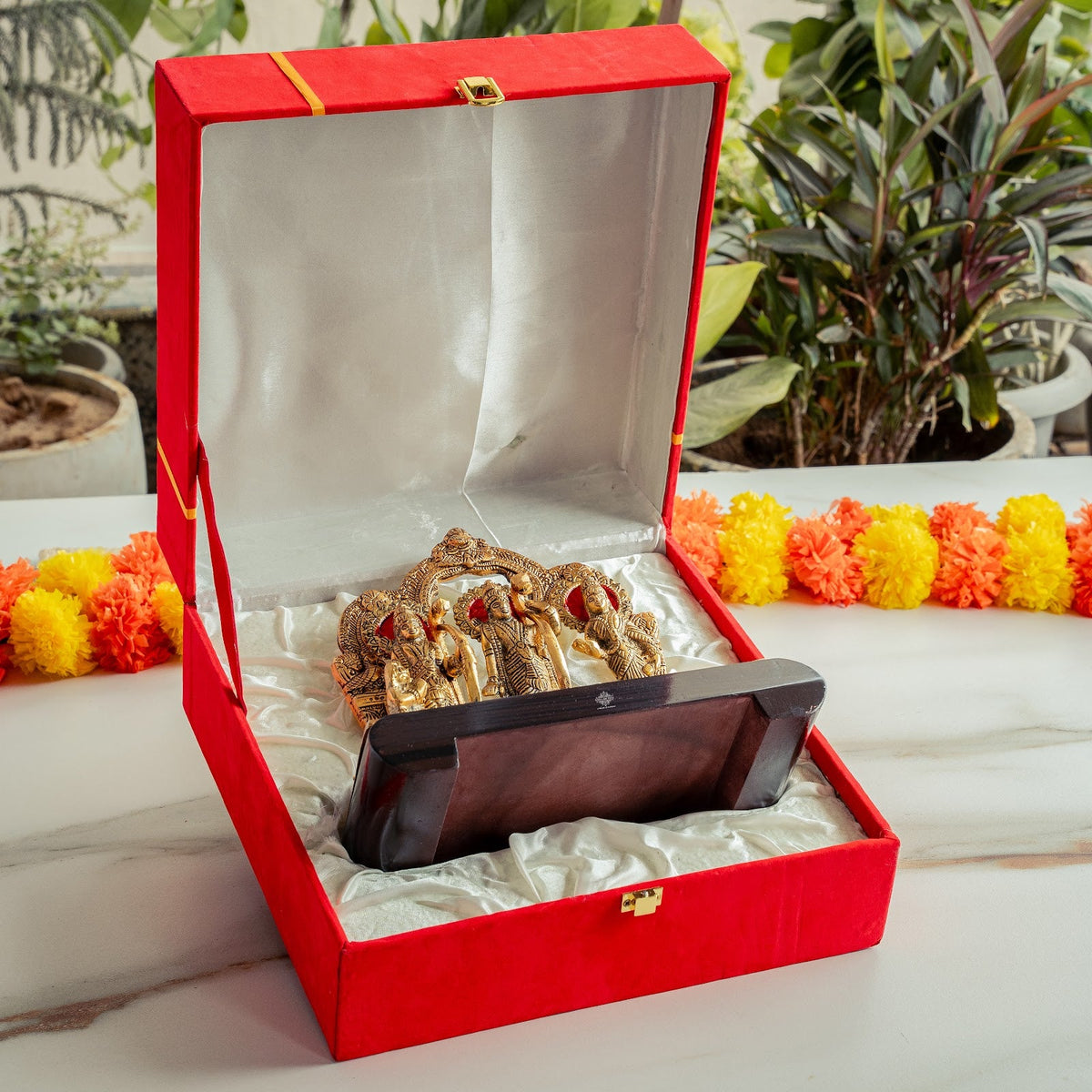 Brass Finish Ram Darbar Murti with Wooden Base for Home Temple