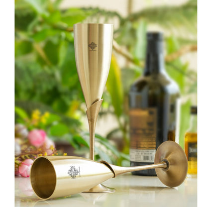 Handmade Pure Brass Set of 2 Antique Finish Champagne Glass Set in Blue Velvet Box