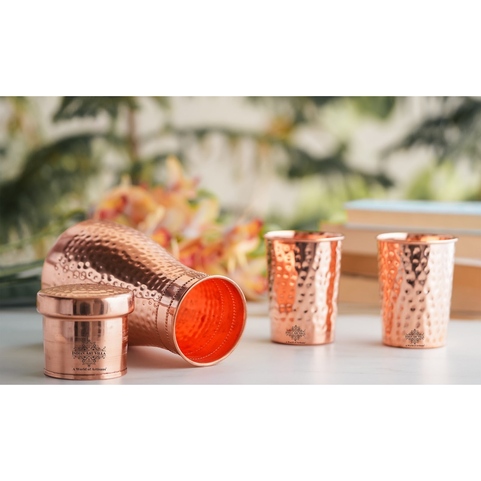 Pure Copper Drinkware Gift Set – Hammered Design, Water Bottle (900 ML) & 2 Glasses (275 ML) Set