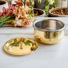 Pure Brass Cooking Handi, Hammered Design with Lid