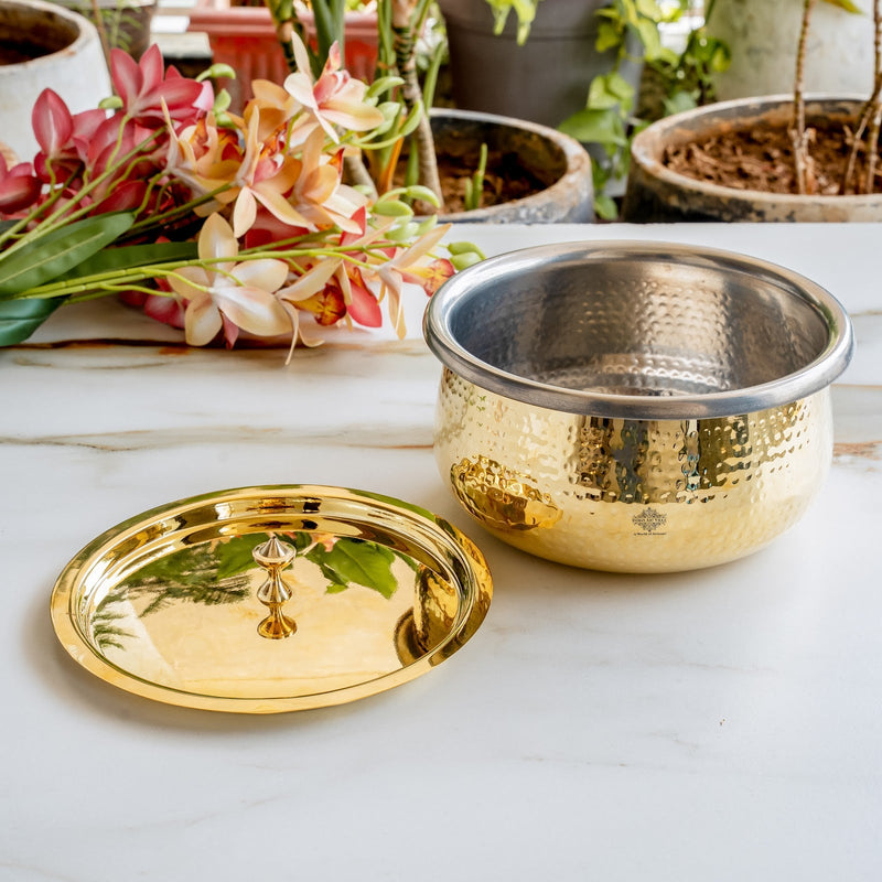 Pure Brass Cooking Handi, Hammered Design with Lid