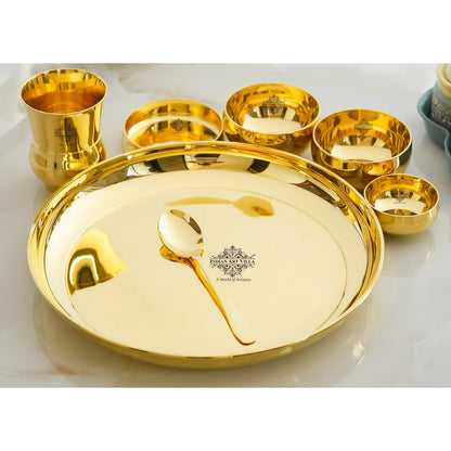 Pure Brass Dinner Set Shine FInish Design Set of 7 Piece, 30.48 cm thali