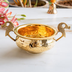 Handcrafted Brass Urli Bowl with Peacock Handles for Décor
