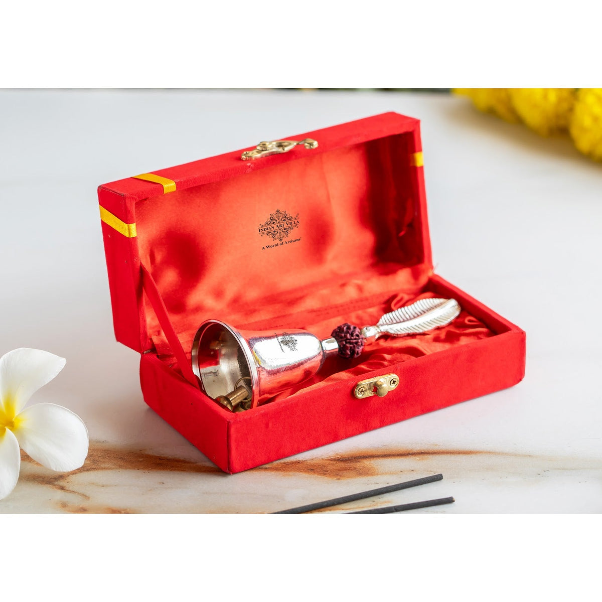 Silver Plated Pooja Bell with Leaf Design & Rudraksha - 17.53 CM
