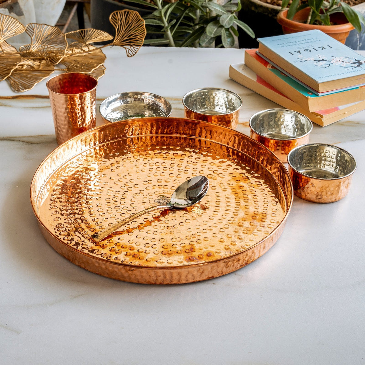 7-Piece Copper Dinner Set, Hammered Thali, 3 Katori, Plate, Glass & Spoon