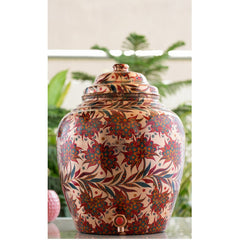 Copper Water Dispenser/Pot/Matka In Red and Blue Floral Print Design with Brass Tap,13 Ltr.