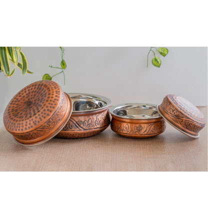 Indian Art Villa, Pure  Steel Copper Embossed Design Serving Handi/Bowl/Casserole, Ideal for Home & Restaurant Tableware and Serveware