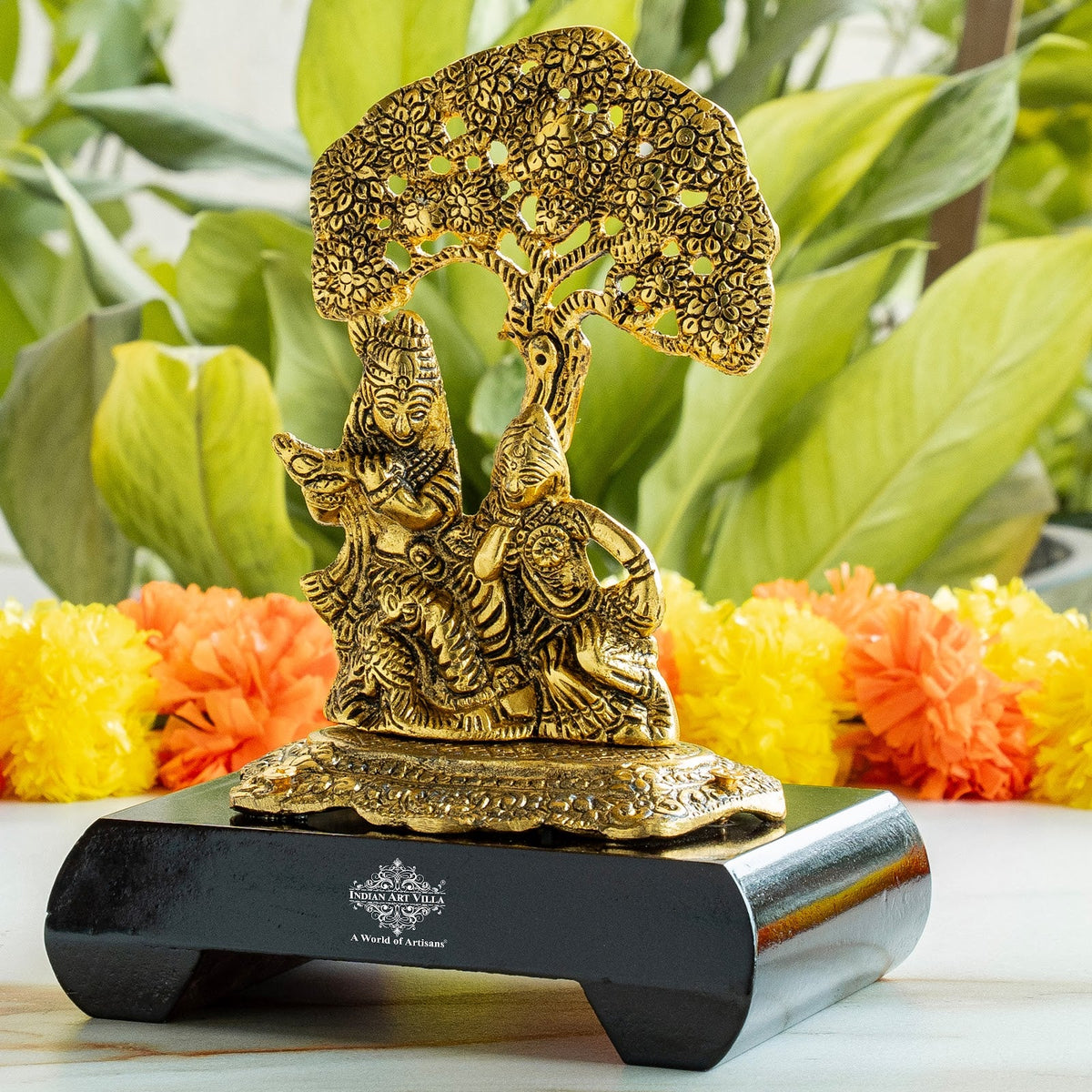 Brass Finish Radha Krishna Murti with Wooden Base