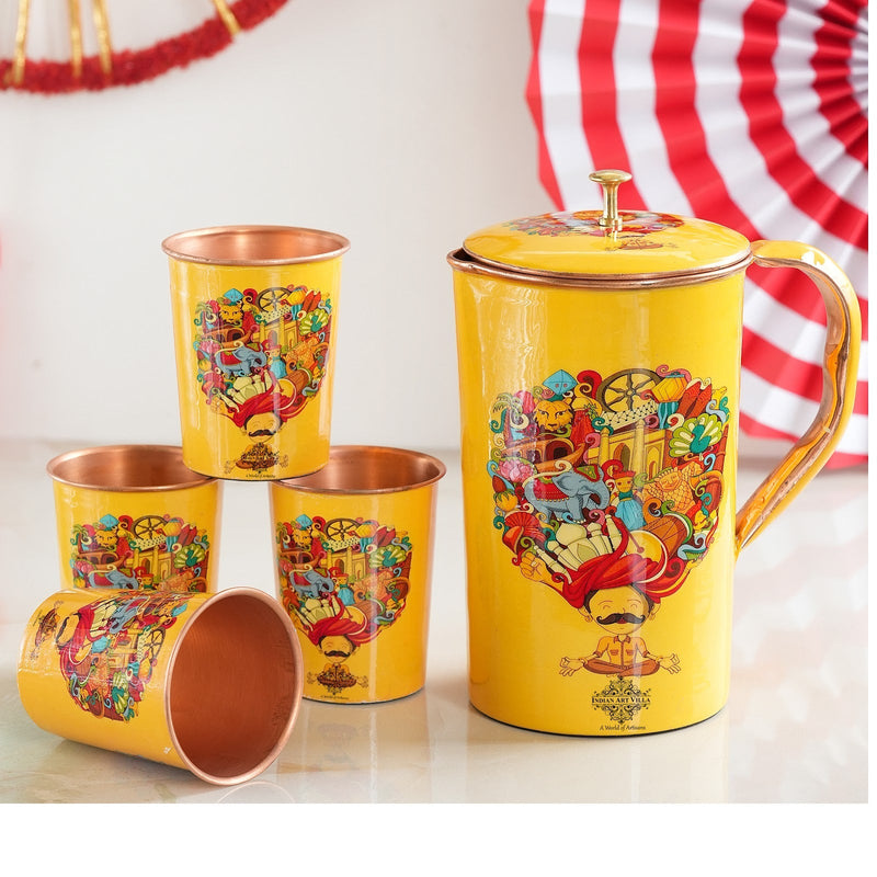 Pure Copper Printed Padharo Mhare Desh Jug & Glass Gift Set