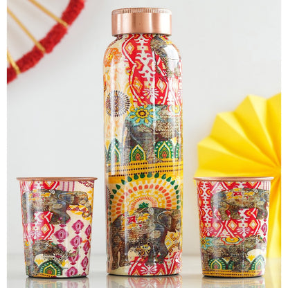 Rajasthani Meena "Padharo Mhare Desh" Printed Copper Bottle & Glass Set