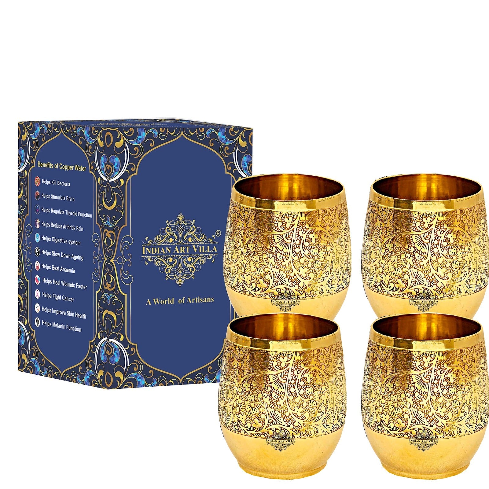 Handmade Pure Brass Embossed Flower Design Glass, Tumbler, 300 ml