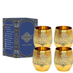 Handmade Pure Brass Embossed Flower Design Glass, Tumbler, 300 ml