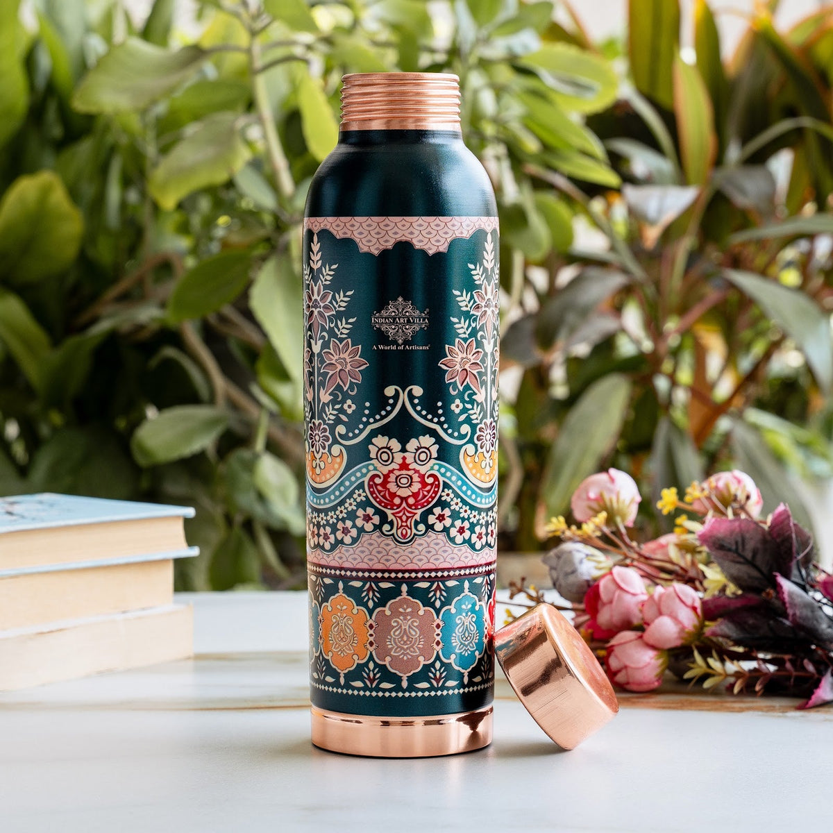 Copper Kalakriti Emerald Bloom Printed Bottle - 1000 ML