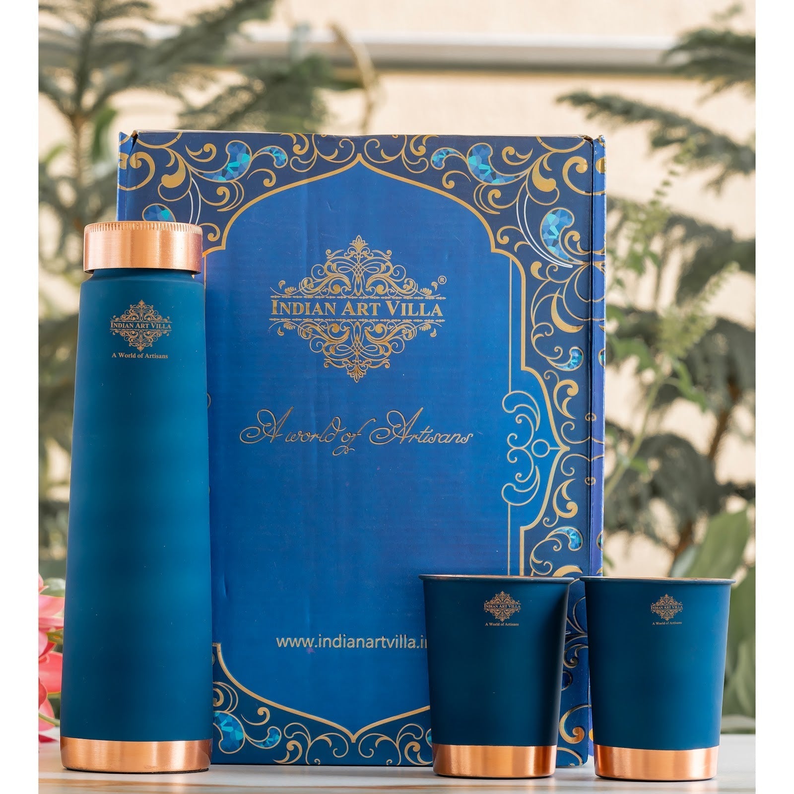 Pure Copper Bottle And Glass Set With Silk Finish Pyramid Design