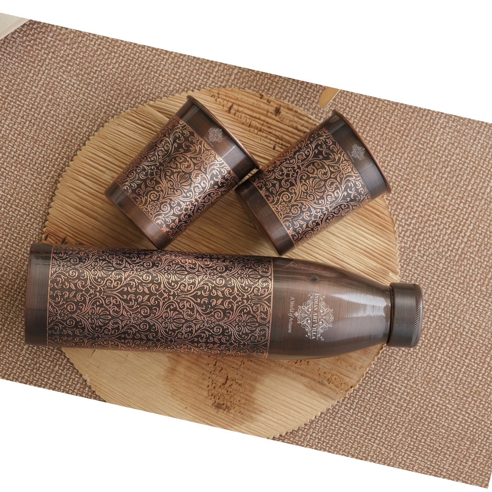 Pure Copper Antique Finished Embossed Design Bottle With Glass Set