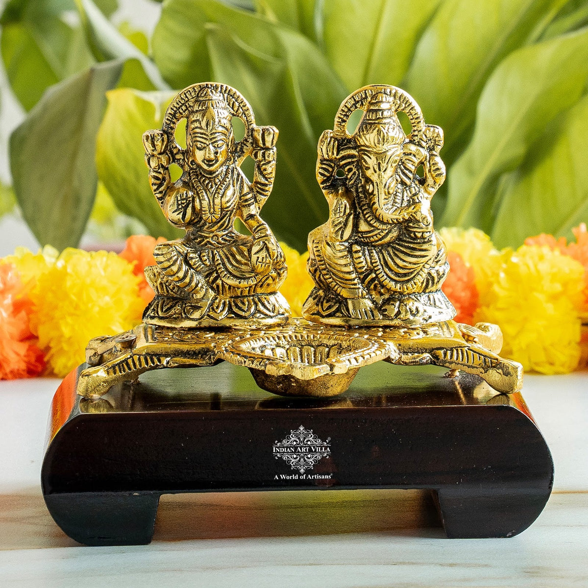 Brass Finish Ganesh Ji With Laxmi JI Murti with Wooden Base