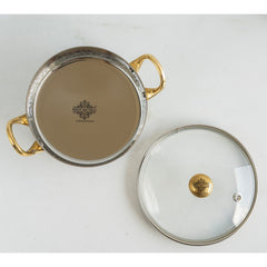 Stainless Steel Serving Bowl with Brass Handles and Glass Lid, Hammered Designs – Elegant Tableware for Home & Restaurant Use