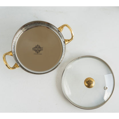 Stainless Steel Serving Bowl with Brass Handles and Glass Lid, Hammered Designs – Elegant Tableware for Home & Restaurant Use