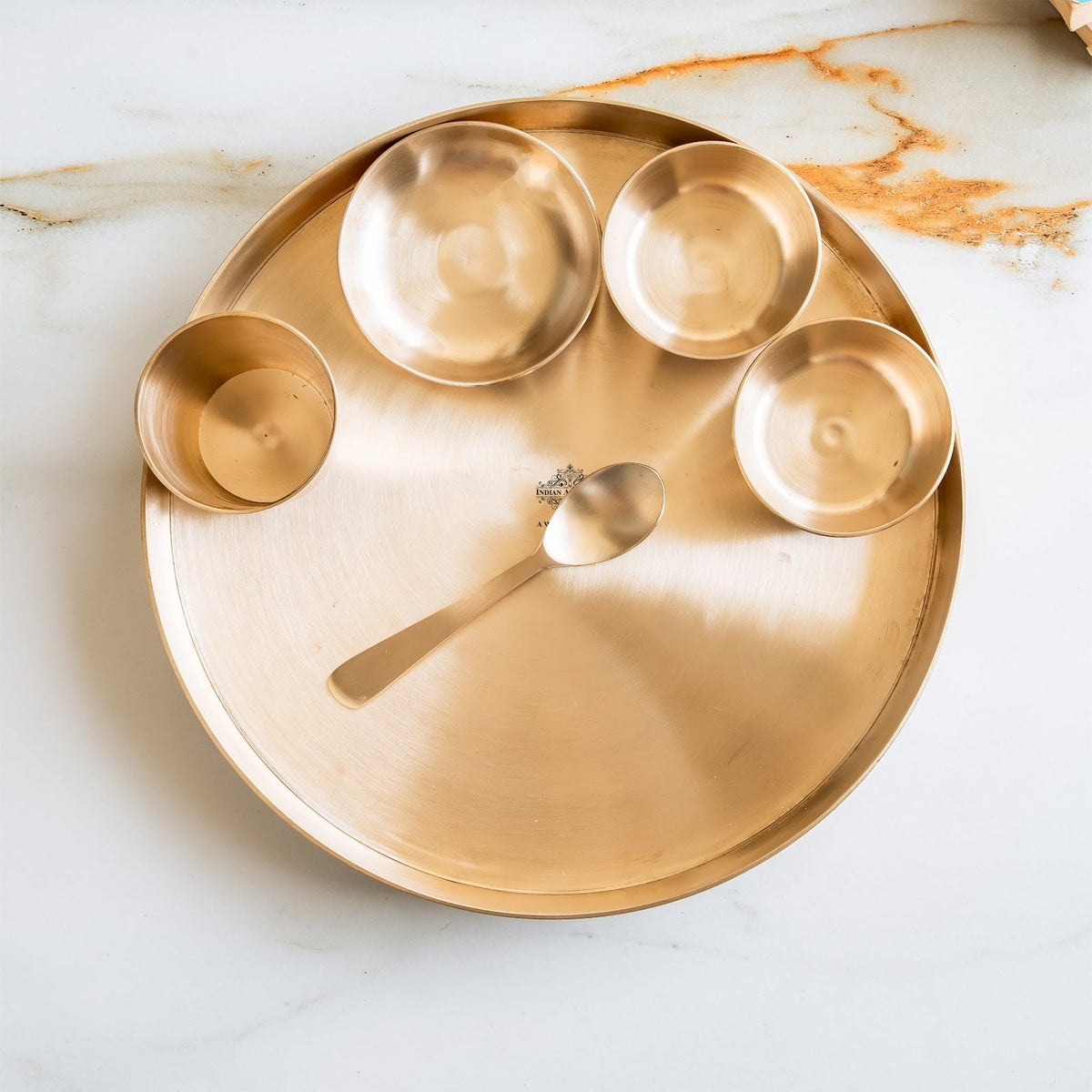 Bronze Dinner Set, 6-Piece with Thali, 2 Katori, Glass, Halwa Plate & Spoon