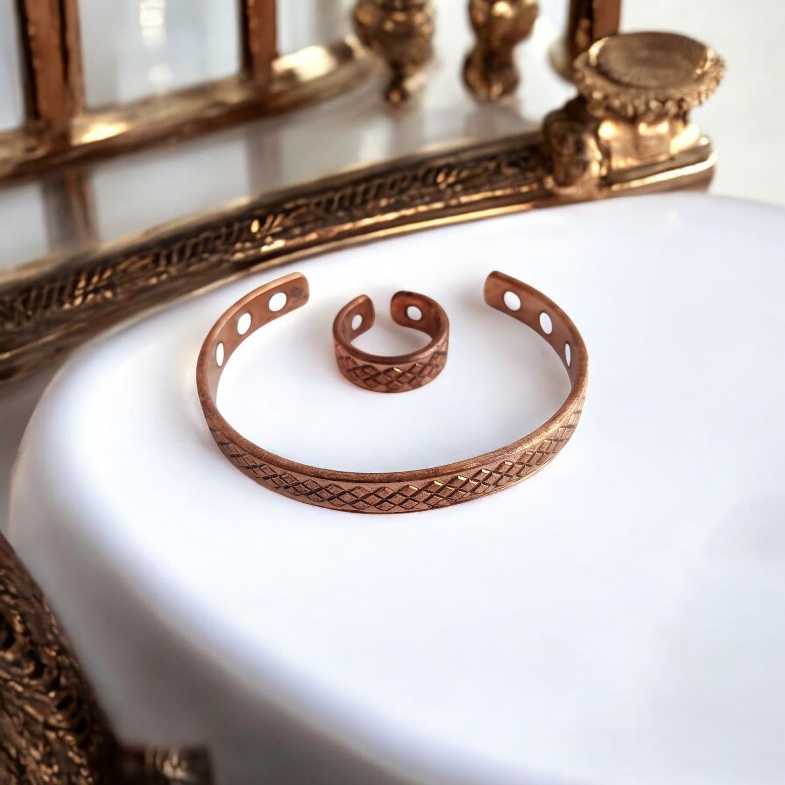 Pure Copper Diamond Design Bangle with Magnet & Matching Ring