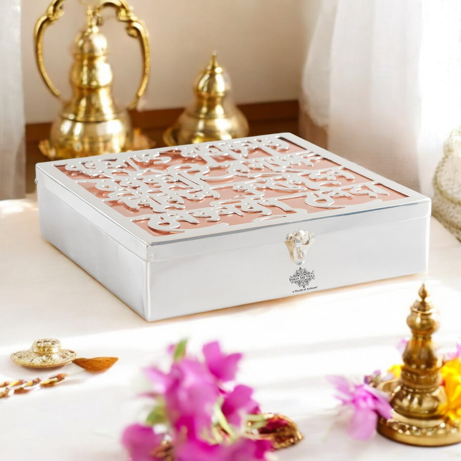 Silver Plated Copper Decorative Box with Ganesh Ji Mantra Design
