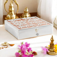 Silver Plated Copper Decorative Box with Ganesh Ji Mantra Design