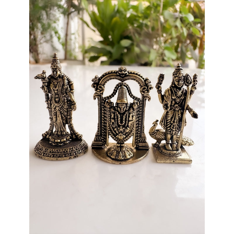 Pure Brass Miniature South Indian Deity Idol Combo for Home Mandir & Décor