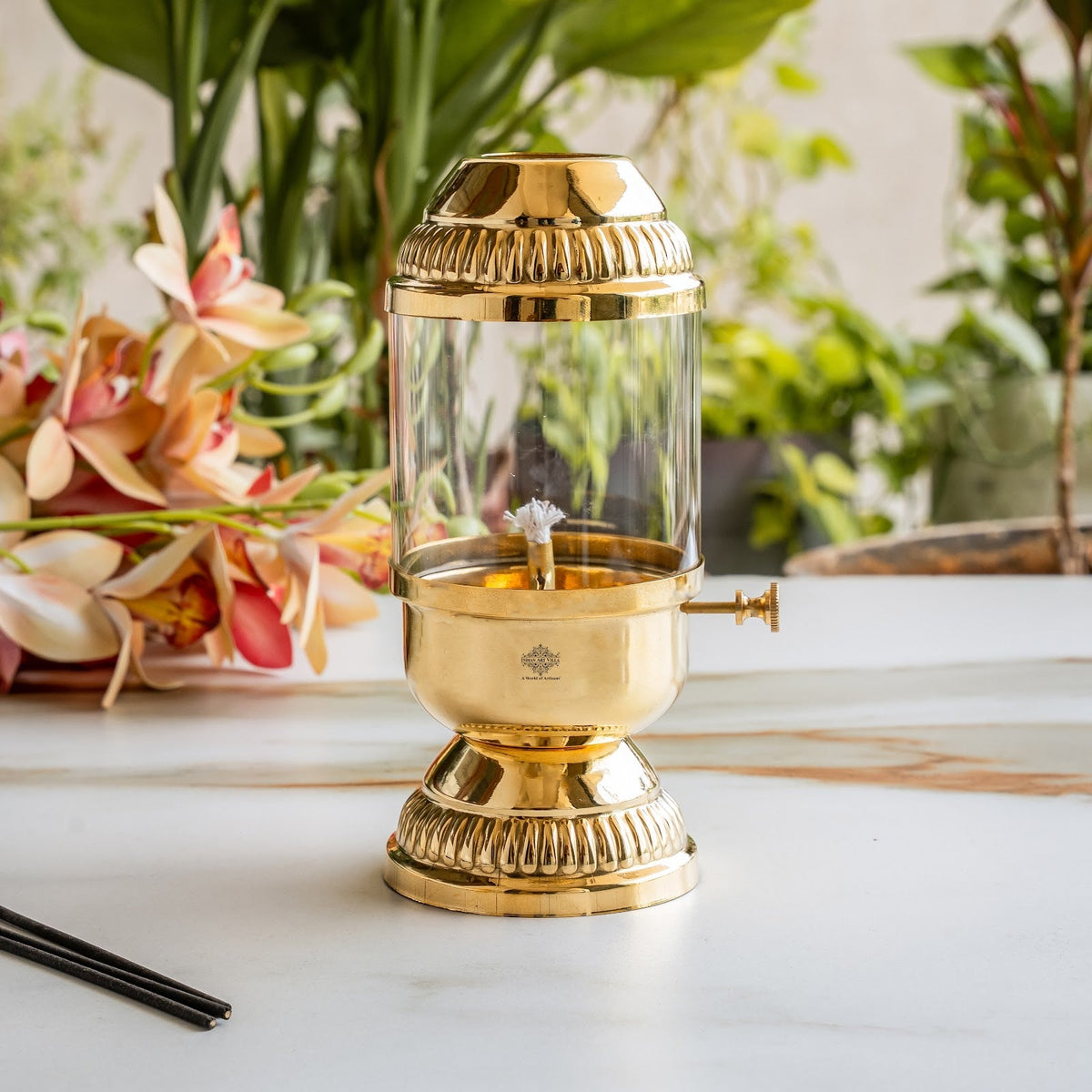 Brass Akhand Diya Oil Lamp with Glass Chimney & Wick