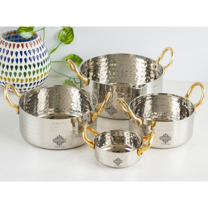 Stainless Steel Serving Bowl with Brass Handles, Hammered Design, Ideal Small Serving Bowl for Curry, Dal and Sides – Elegant Tableware for Home & Restaurant Use