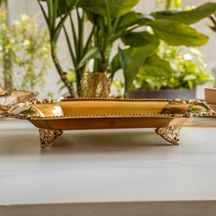 Pure Brass Rectangular Tray with Rose Corner Design