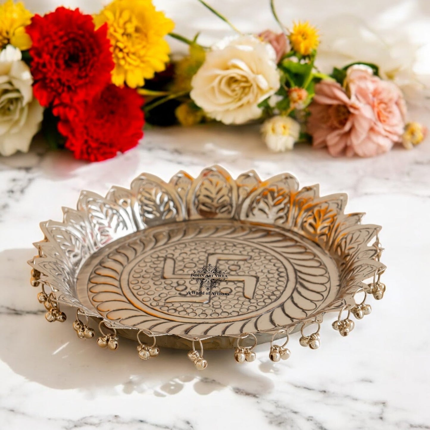 Silver Plated Pooja Thali Intricate Floral Pattern - Lightweight & Durable