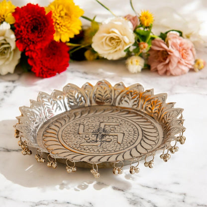 Silver Plated Pooja Thali Intricate Floral Pattern - Lightweight & Durable