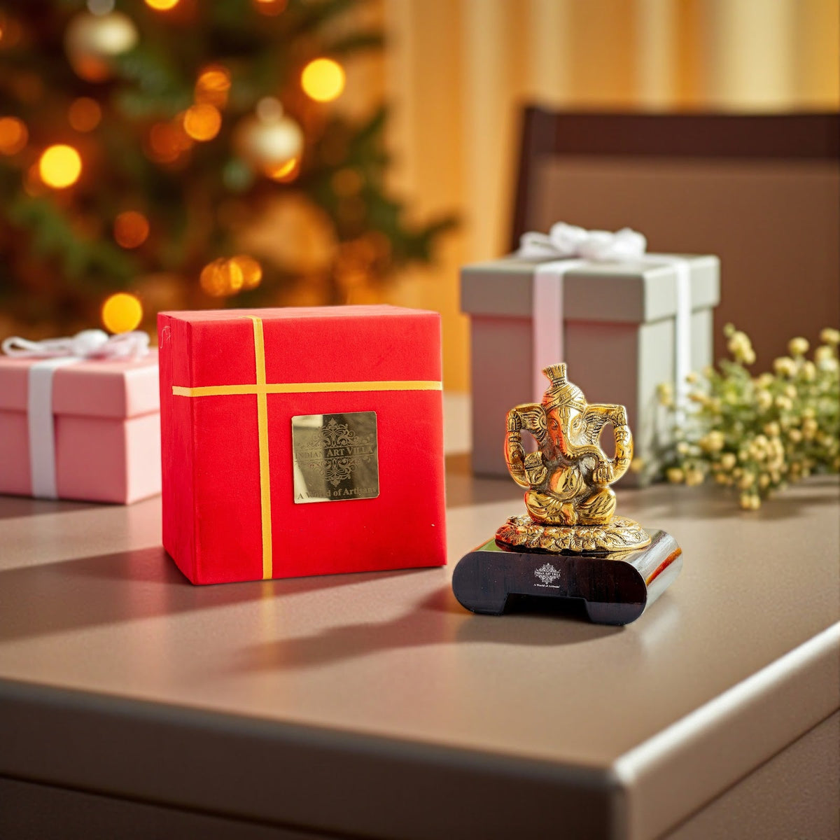 Brass Finish Ganesh Ji Murti with Wooden Base