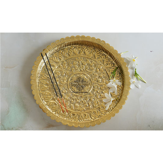 Handmade Pure Brass Flower Design Pooja Thali - 30.48 cm Dia. Spiritual Item