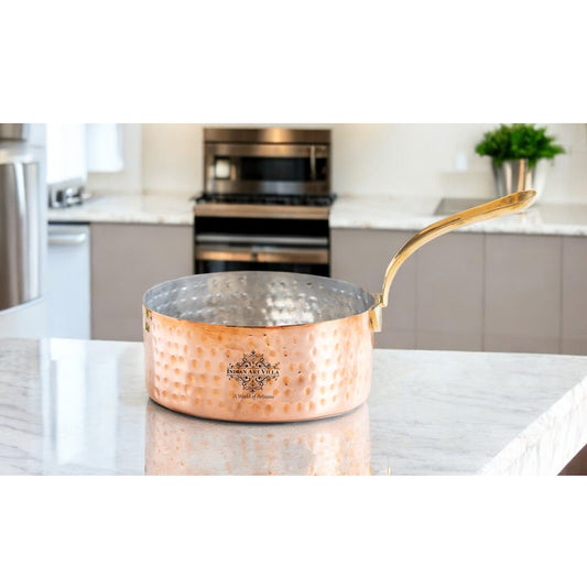 Pure Copper Hammered Tin Lining Round Sauce Pan Brass Stand