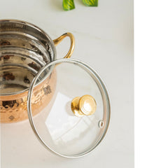 Indian Art Villa, Copper Handi Hammered Design Bowl with Glass Lid Brass Knob &  Handles   – 950 ML,  Tableware & Serveware