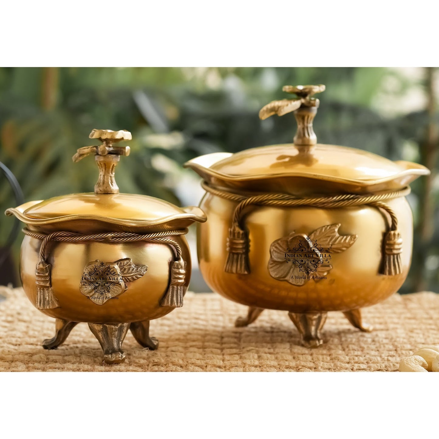 Brass Decorative Handi with Lid Neck Ribbon Bow Design  3 Legs