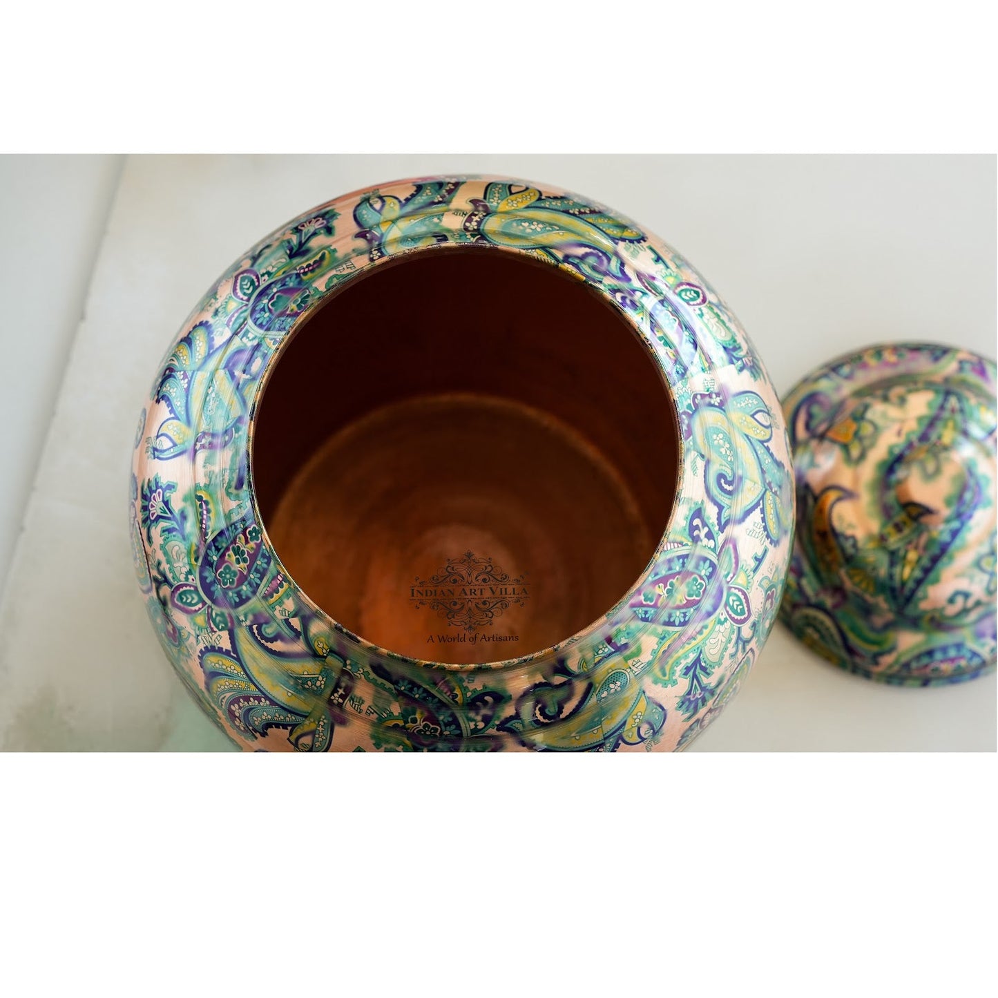 Copper Water Pot/Dispenser/ Matka in Green Paisley Printed Design with Brass Tap,13 Ltr